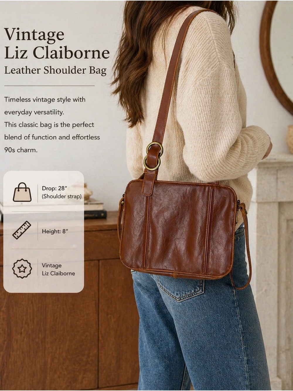 Liz Claiborne Chestnut Brown Leather Crossbody Shoulder Bag
